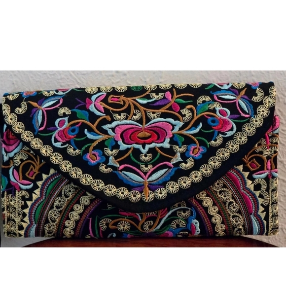 Embroidered Floral Print Zipper Money Coin Wallet Purse Multicolor Artsy - Picture 2 of 10